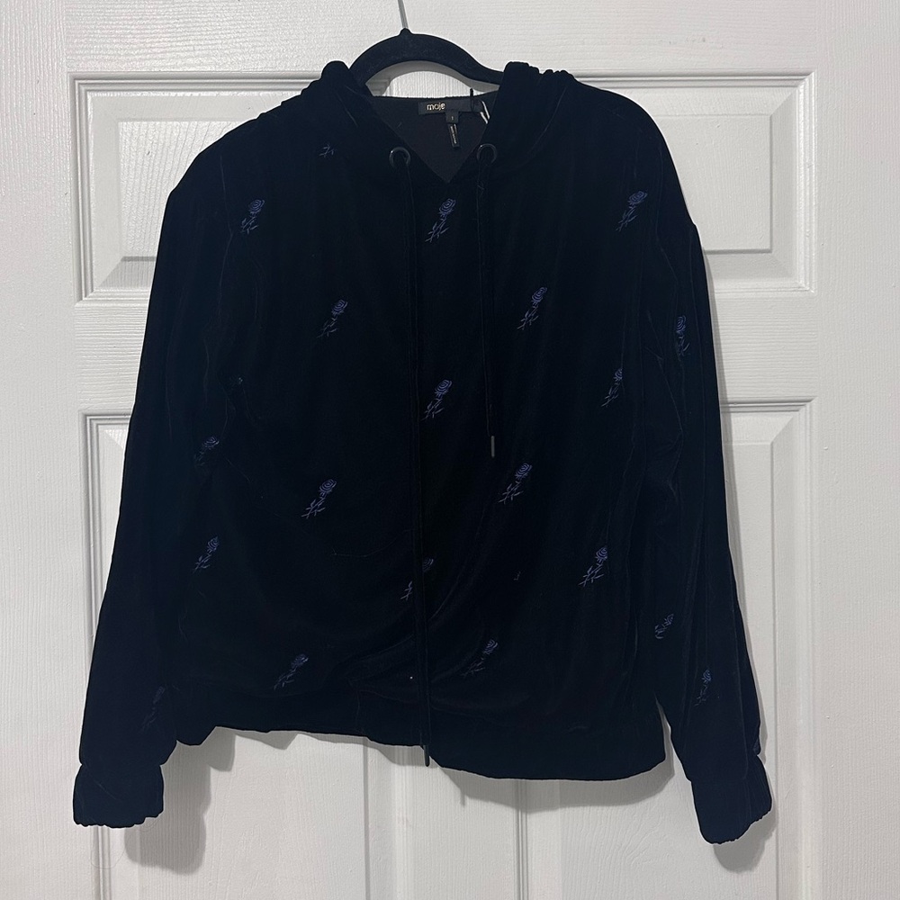 Maje Black Velvet Hoodie with Blue Floral Embroidery